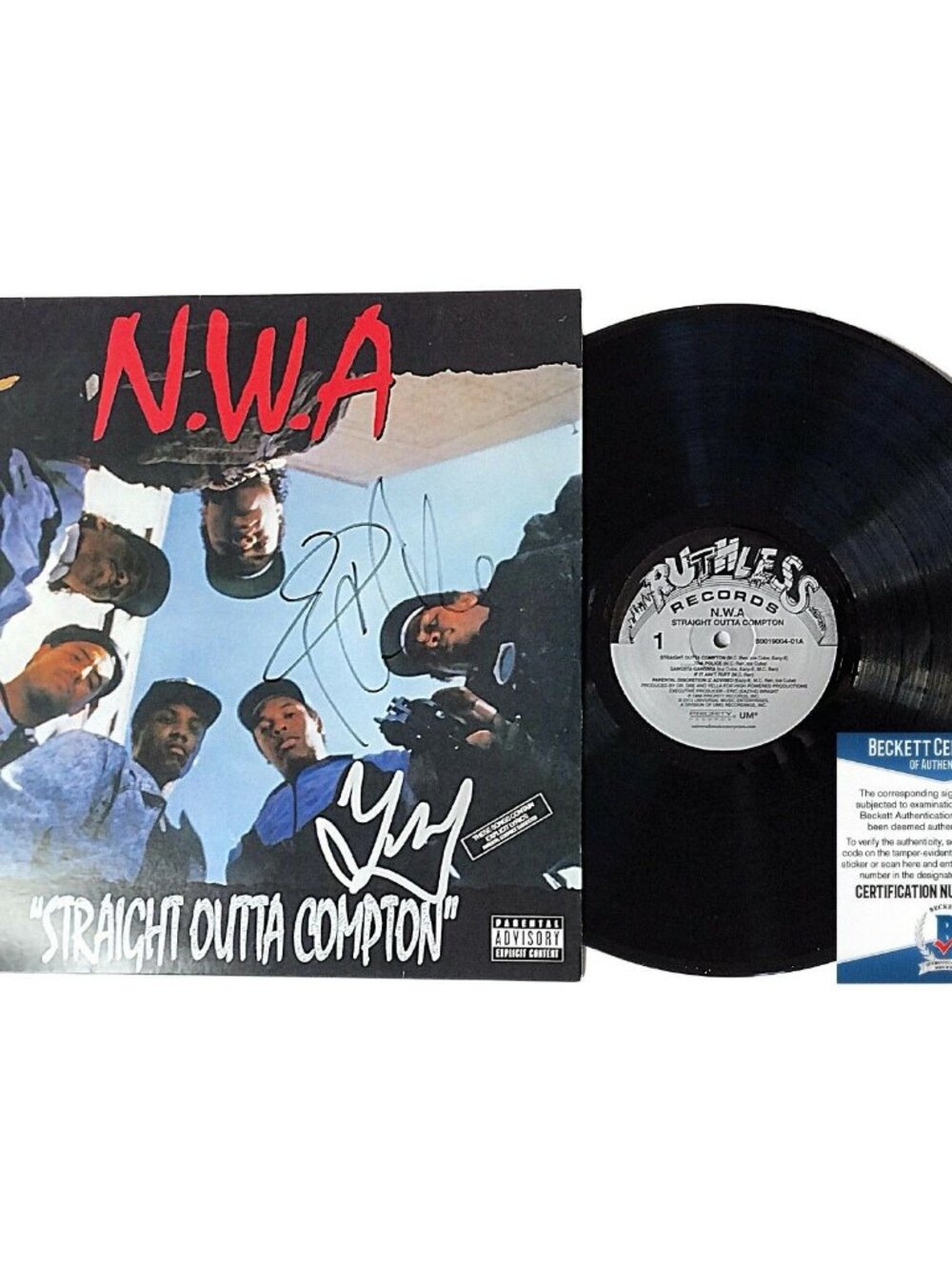Ice Cube DJ Yella Signed NWA Straight Outta Compton Vinyl Beckett